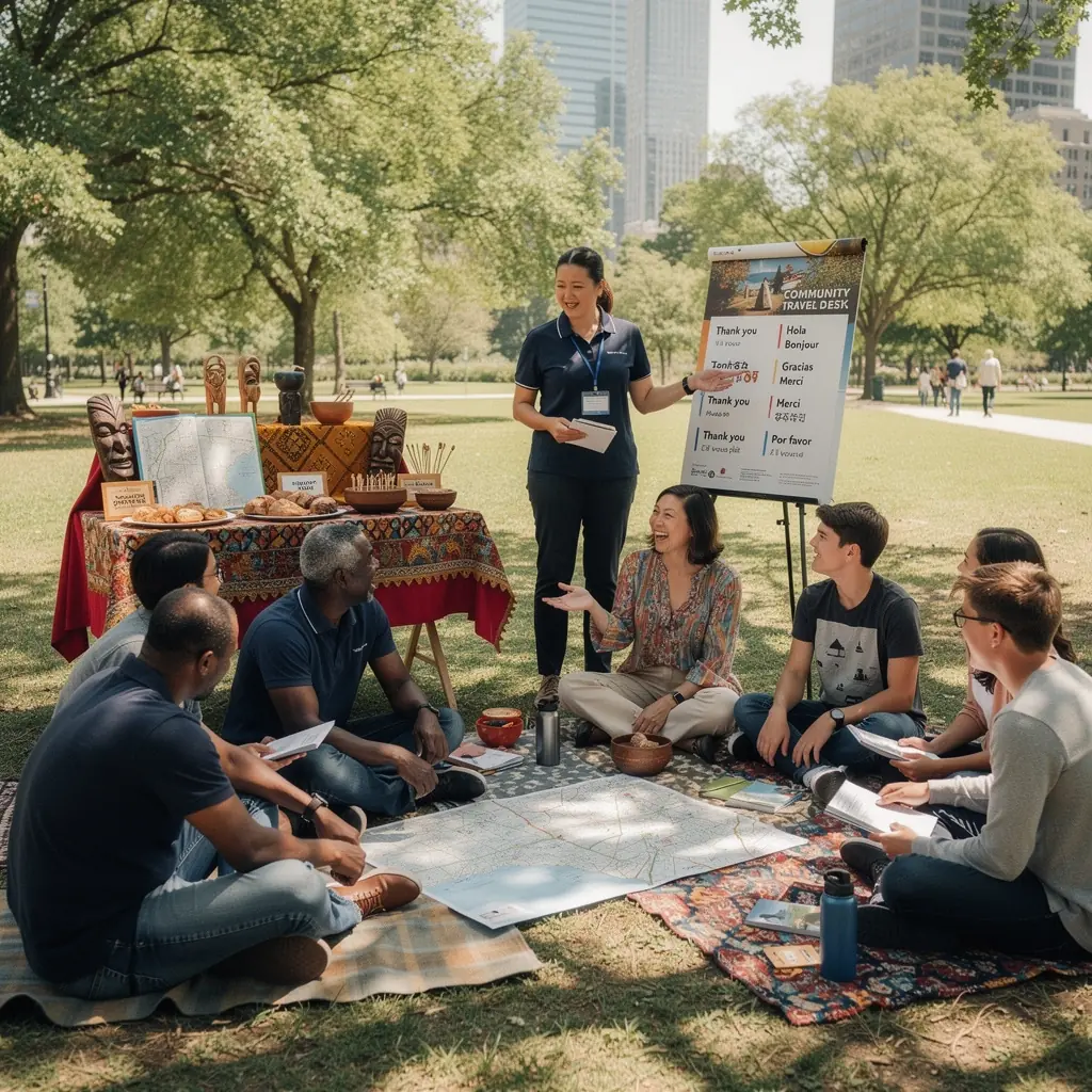 Zestaw materiałów edukacyjnych dotyczących etykiety w podróży, w tym broszury i przewodniki.