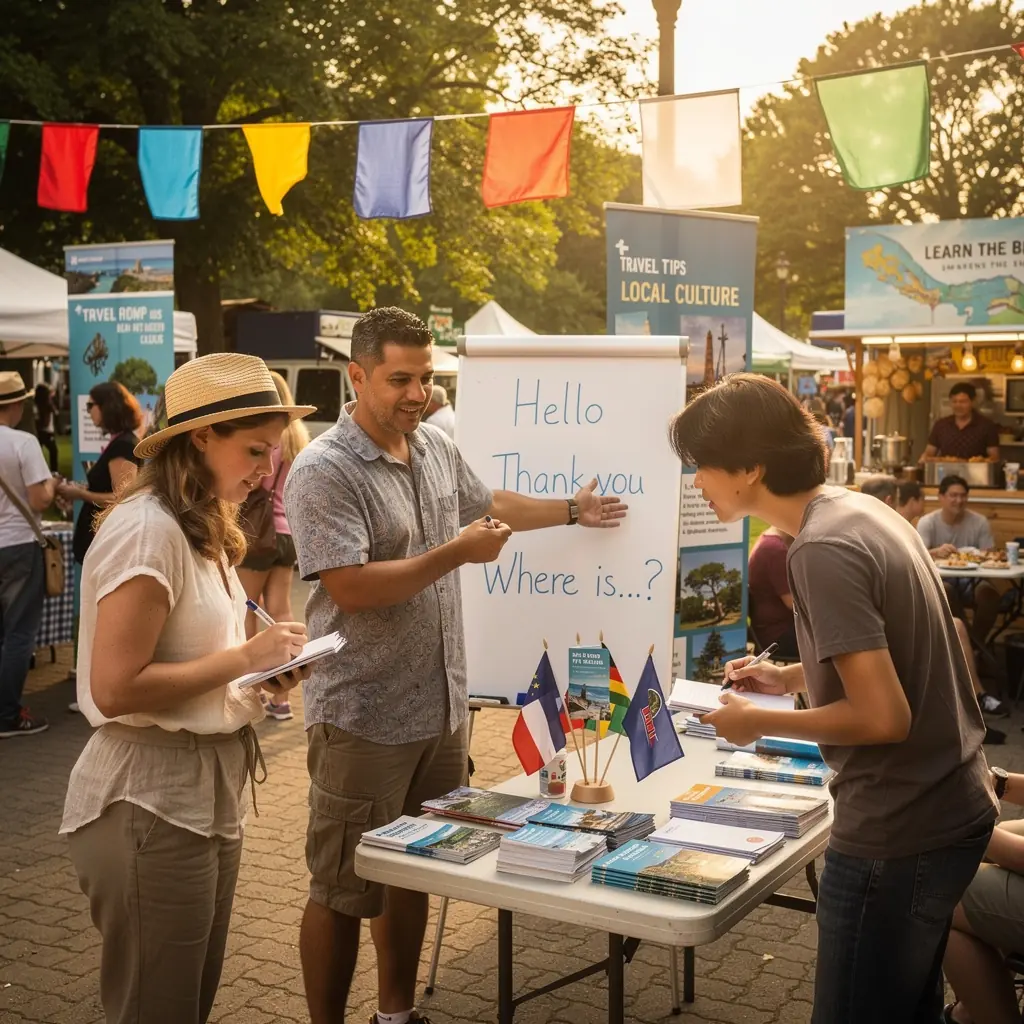 Uśmiechnięta osoba prezentująca zasady dobrego zachowania w różnych kulturach, otoczona przez różnorodnych turystów.