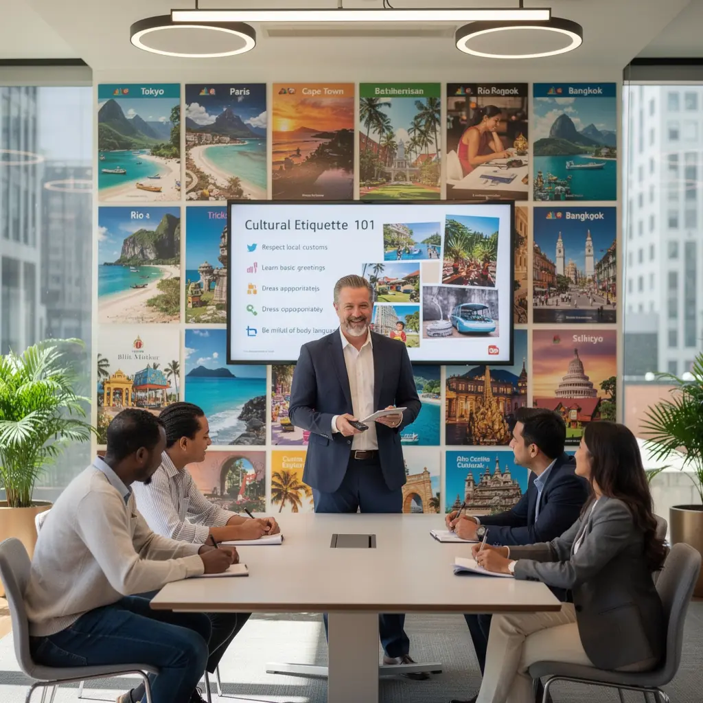 Zestaw ikon przedstawiających zasady etykiety w różnych krajach, umieszczony na kolorowym tle.