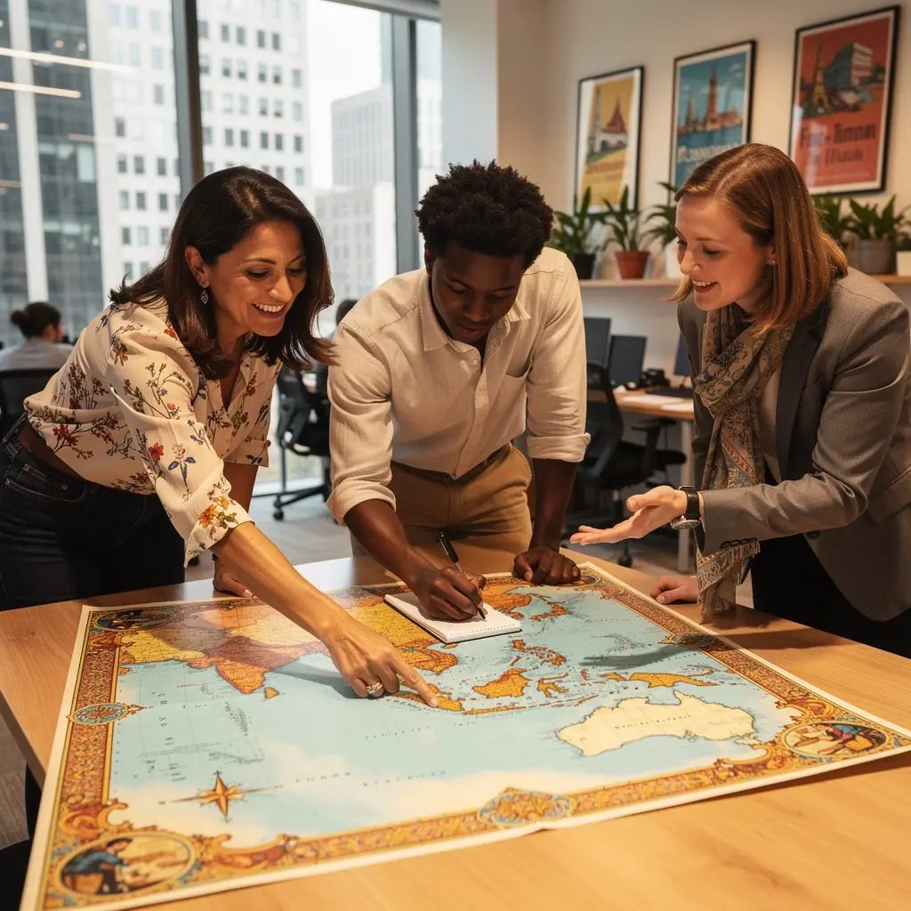 Zestaw kluczowych fraz w różnych językach umieszczony na stole, obok przewodników turystycznych.