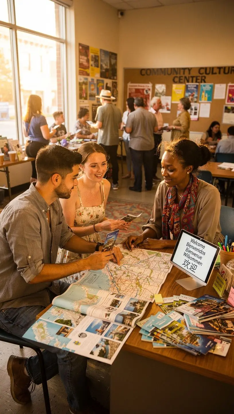 Osoba przedstawiająca zasady kulturowe i zwroty w różnych językach podczas spotkania.