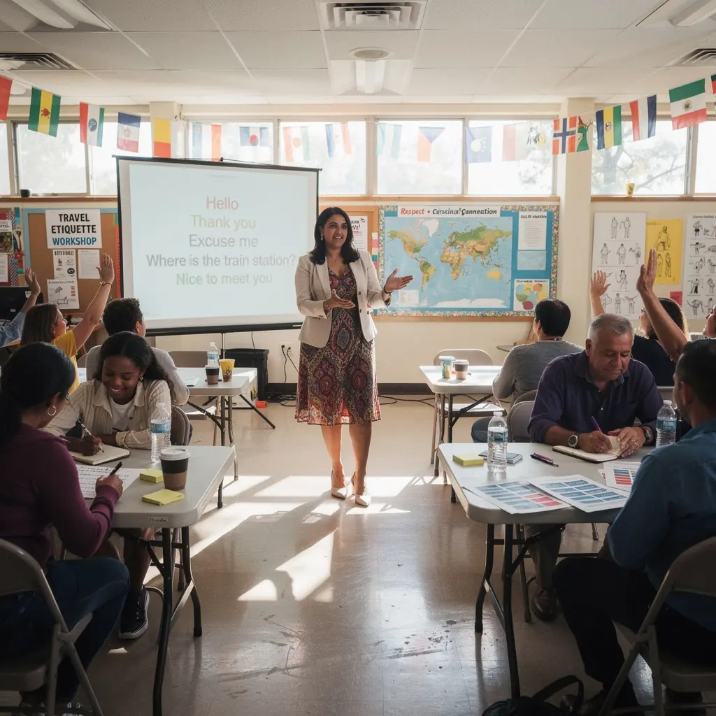 Mapa świata z zaznaczonymi popularnymi destynacjami turystycznymi, obok notatki o kluczowych zwrotach w różnych językach.