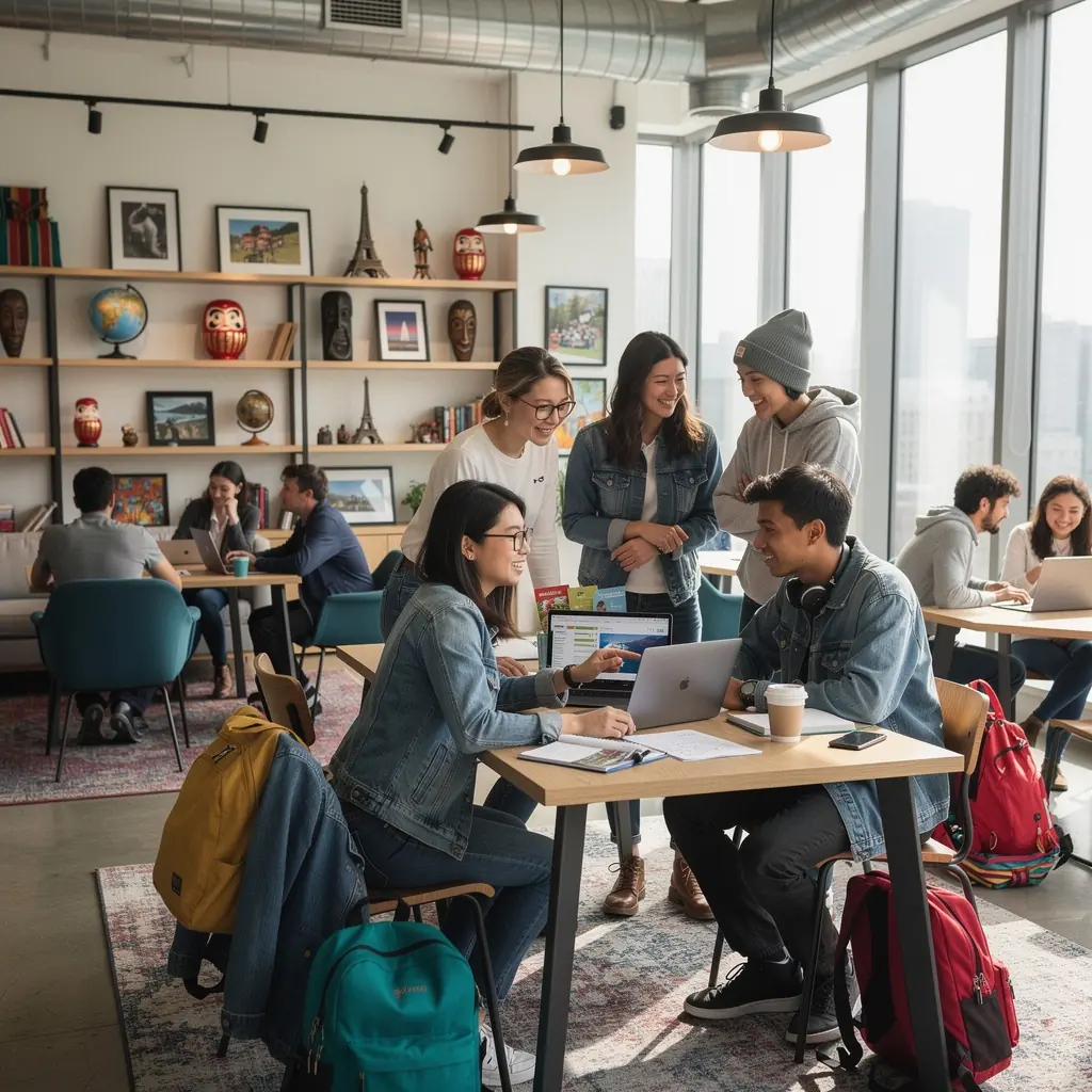 Grupa ludzi planujących wspólne podróże przy biurku, z mapami i notatkami.