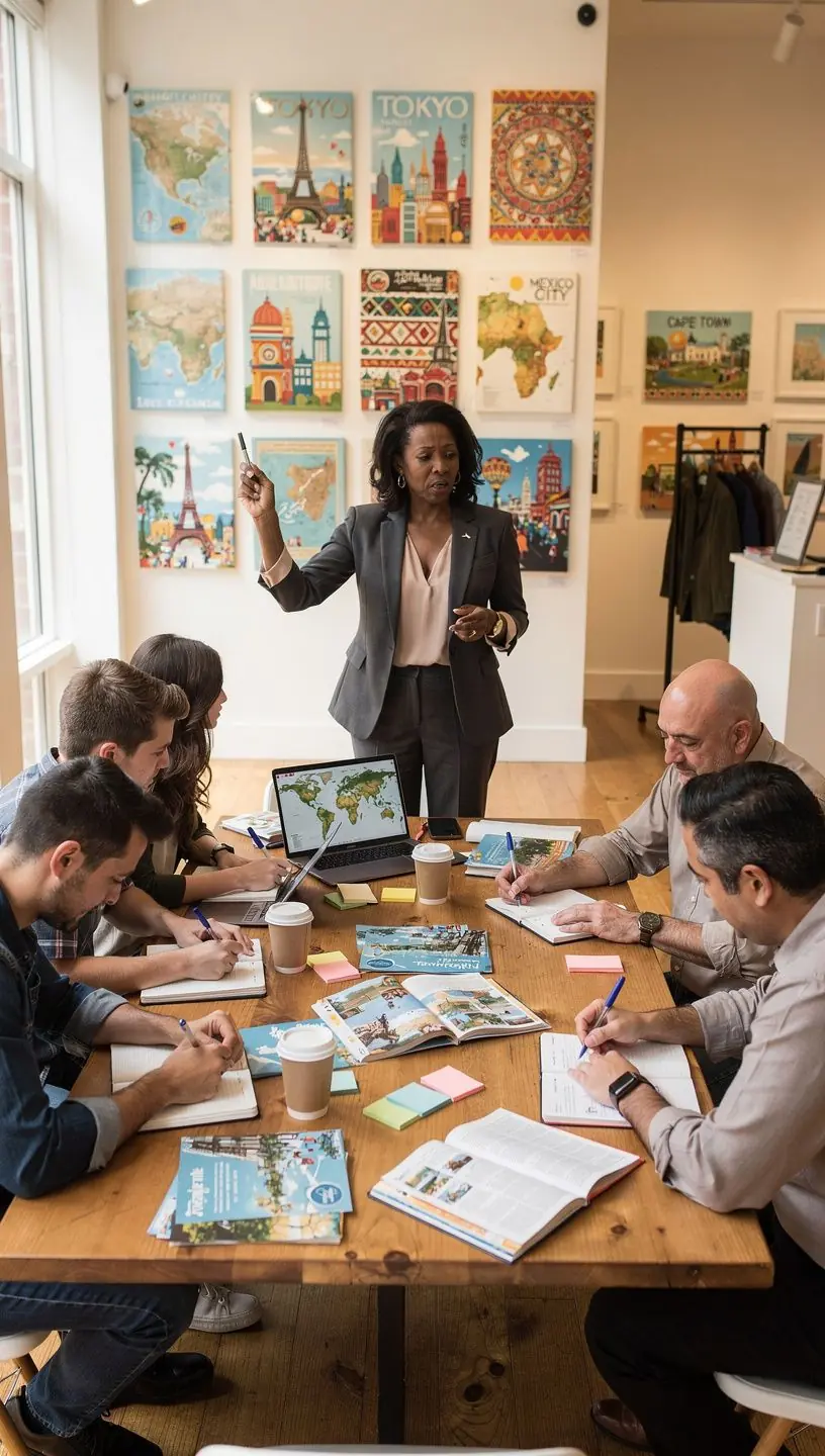 Grupa osób planujących podróż przy stole, dzielących się wskazówkami na temat etykiety kulturowej.