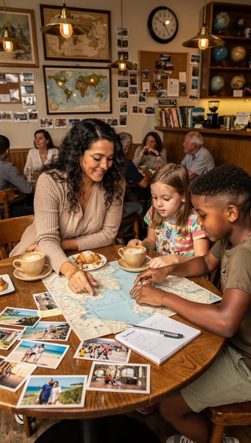 Grupa ludzi planujących wspólne podróże przy stole, otoczona mapami i przewodnikami.