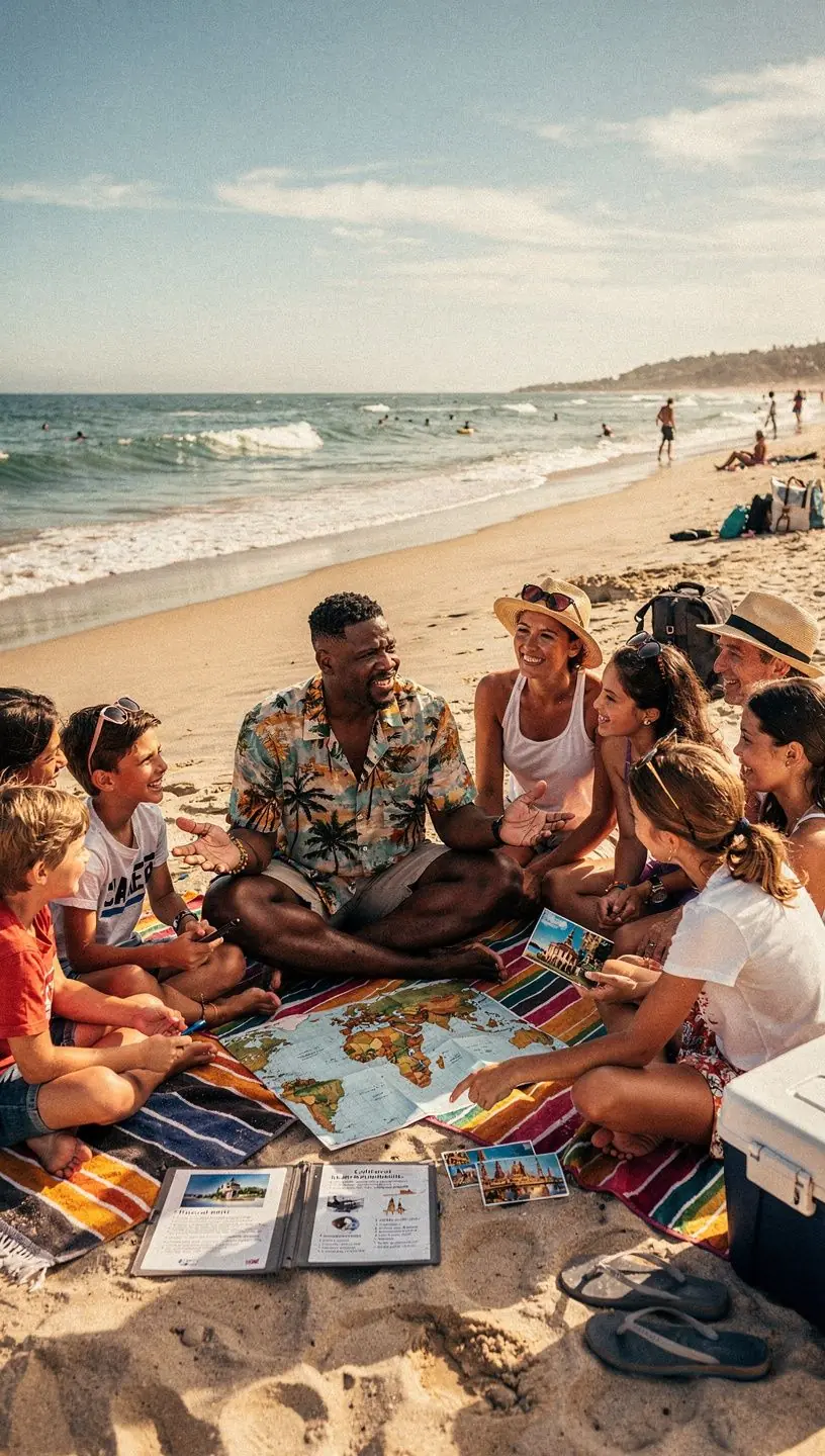 Grupa ludzi planujących wspólne podróże przy biurku, z mapami i notatkami.