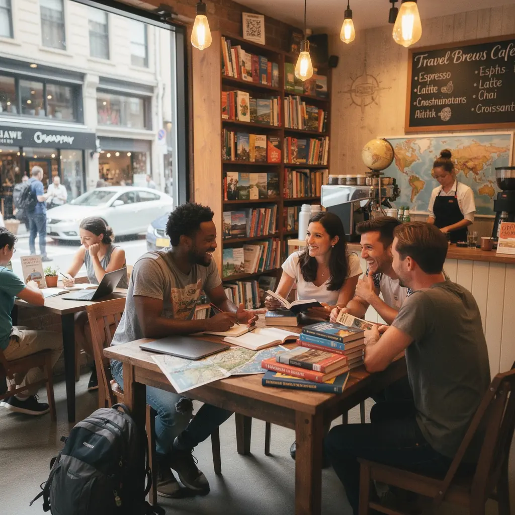 Grupa ludzi dyskutujących o lokalnych zwyczajach i kluczowych zwrotach w języku obcym.