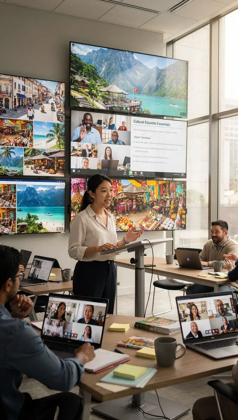 Wizytówki z poradami dotyczącymi etykiety kulturowej oraz kluczowych fraz w różnych językach.